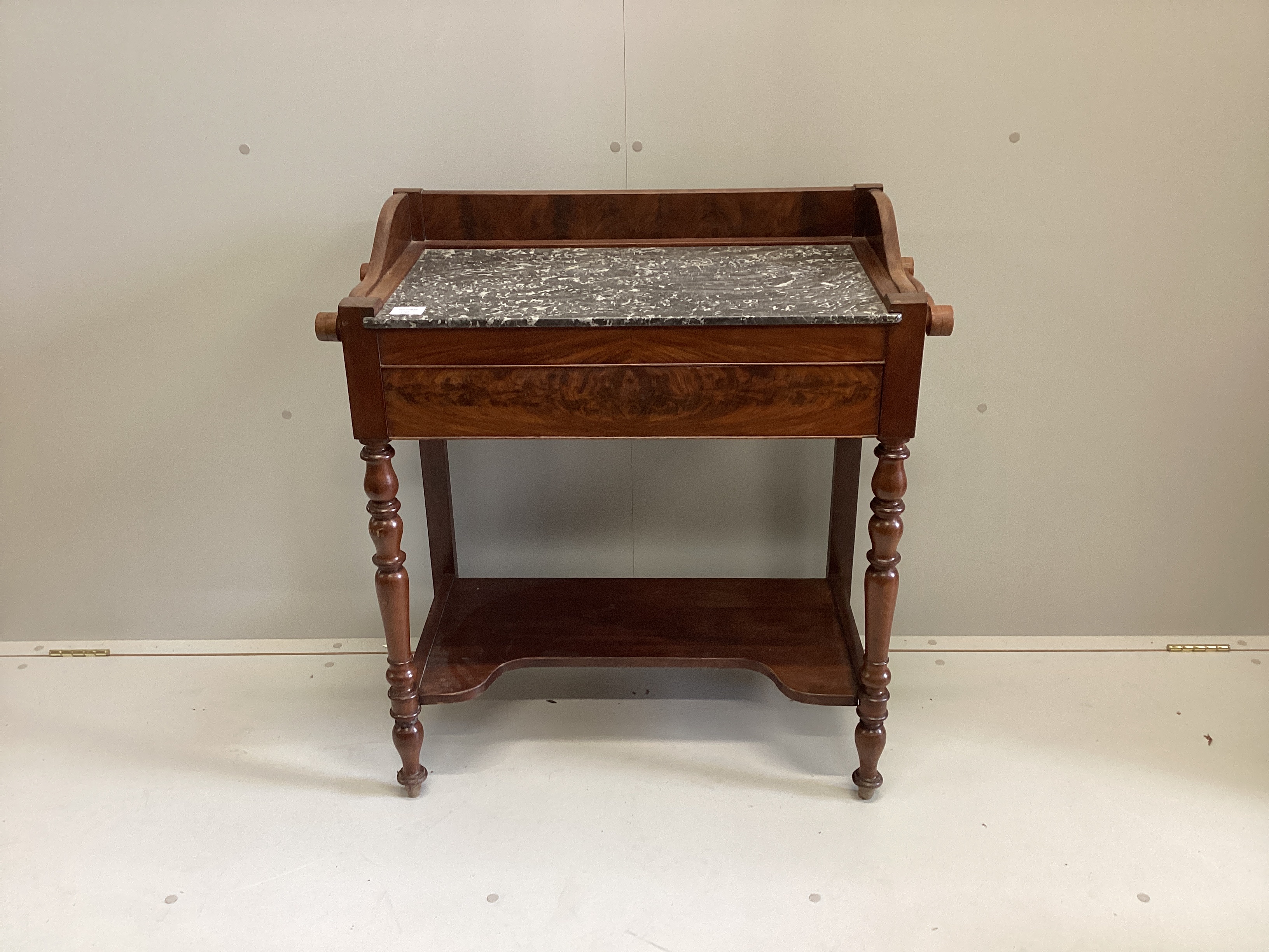 A 19th century French mahogany marble top washstand, width 82cm, depth 38cm, height 84cm